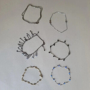 Lot Of 6 Variety Of Silvertone Bracelets Chain Beaded Blue Stars Hearts